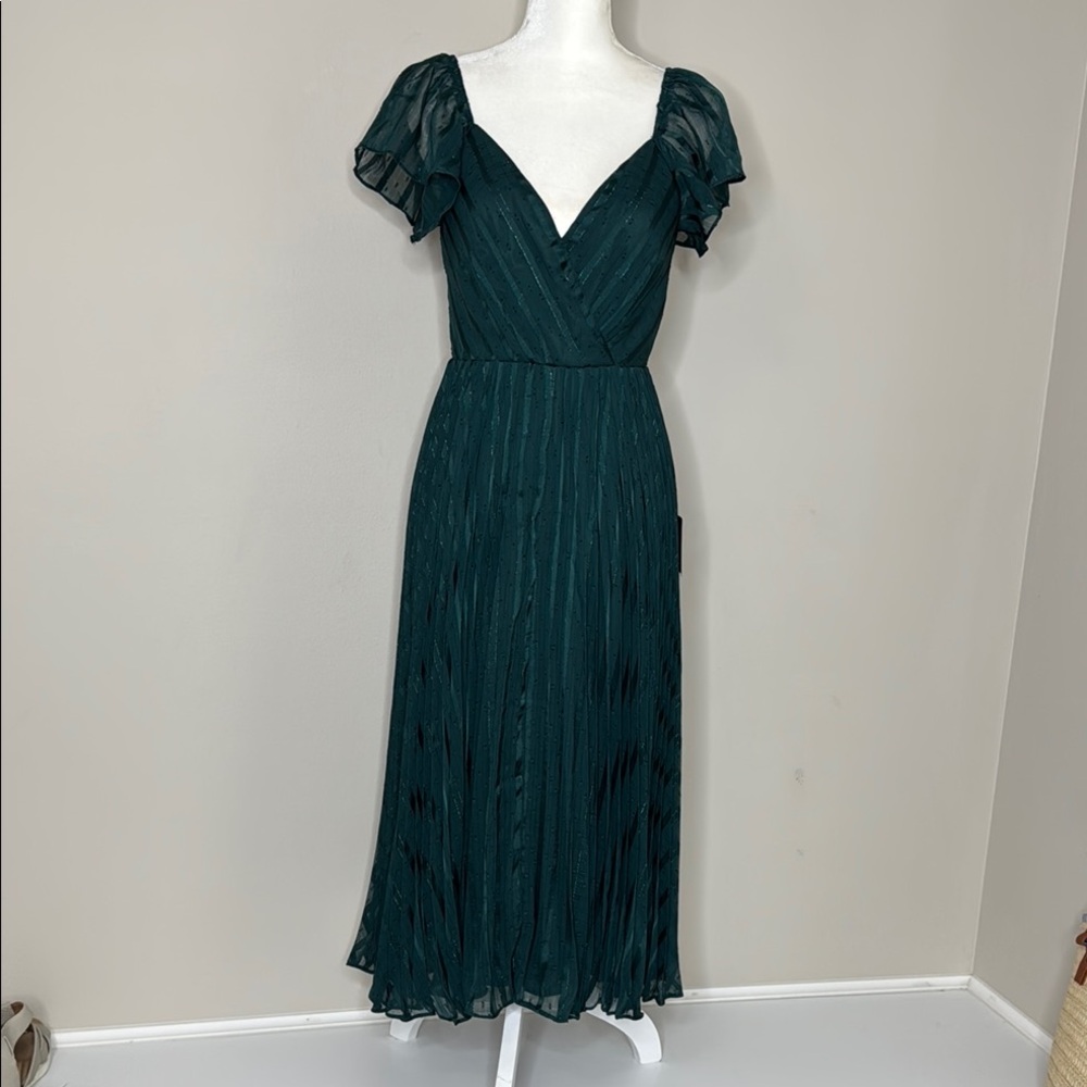 Lulu's Green Wrap Bodice Metalic Thread Party Dance Date Night Midi Dress S